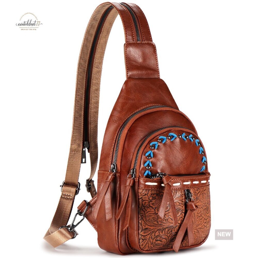 Waterproof Leather Sling Bag with Adjustable Strap, 7 Pockets, Travel Fanny Pack